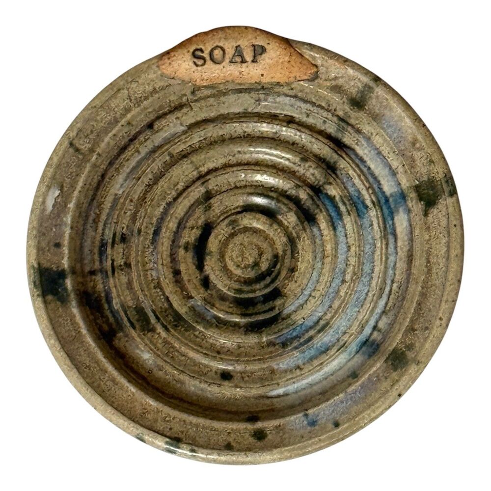Art Pottery Soap Dish Ceramic Round Rustic Brown Blue Bath Kitchen Farmhouse